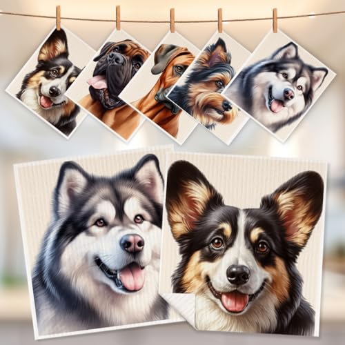 5 Pcs Cute Doggy Swedish Dishcloths, Bulldog & Corgi Swedish Dishcloth, Alaskan Malamute Dish Cloths for Drying Dishes, Reusable Cleaning Cloths, Dog Lover Gifts for Women - color: Lm 03426