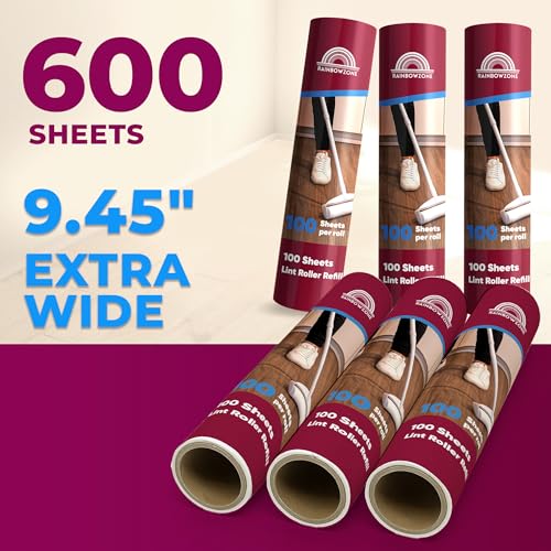 RainbowZone 6 Rolls of 9.5'' Extra Wide Large Lint Roller Refills. Total 600 Extra Sticky Adhesive Peel Sheets (100 Sheet per roll) for Pet Hair Removal & Household Cleaning (6 Refills) - size: 6 refills