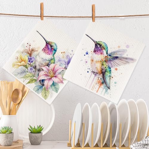 2 Pcs Bird & Floral Swedish Dishcloths for Kitchen, Watercolor Hummingbird Patterned Swedish Dish Cloths Set, Reusable Washable Absorbent Soft Durable Dish Towel for Home Farmhouse Cleaning 2 - color: Sz 1908