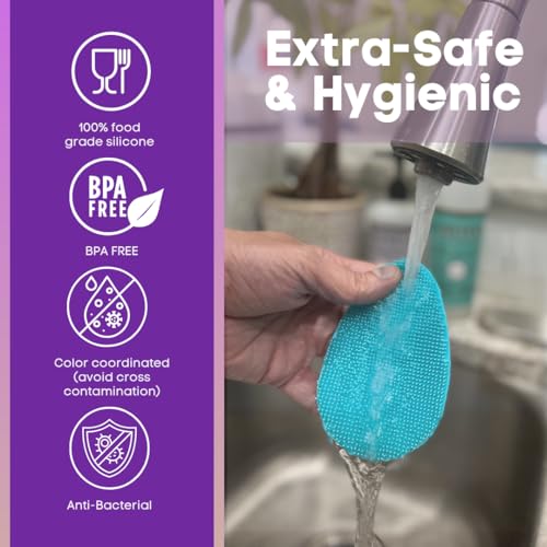 Silicone Dish Sponge Dish Scrubber (Oval and Square) - Dual-Sided, Food Grade Silicone Sponges for Dishes and Housecleaning 2-Pack - color: 2 Pack Teal + Purple