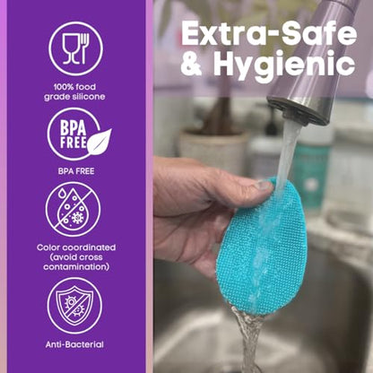 Silicone Dish Sponge Dish Scrubber (Oval and Square) - Dual-Sided, Food Grade Silicone Sponges for Dishes and Housecleaning 2-Pack - color: 2 Pack Teal + Purple