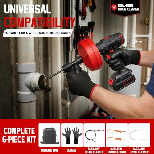 KELIN 6 in 1 Drain Auger Kit, Dual-Mode 33FT Plumbing Snake with Drill Adapter, Manual or Powered, Includes Hair Remover, Claw Tool, Brush, Gloves & Bag for Kitchen Bathroom Sink