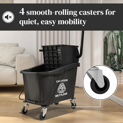 38 Quart Mop Bucket with Down Press Wringer on Wheels, Rolling Floor Cleaning Bucket with Handle, Commercial Cleaning System (Yellow) (Black) - color: Black