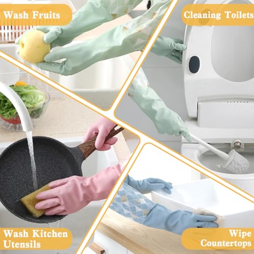 Dishwashing Cleaning Gloves with Cotton Lined, 3 Pairs | Reusable, Waterproof, Non-Slip, Elbow Length, Latex-Free Household Glove For Laundry Cleaning Working Gardening