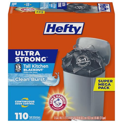 Hefty Ultra Strong 13 Gallon Trash Bags, Black Tall Kitchen Trash Bags 13 Gallon Size, Break Resistant Drawstring Enclosure, Continuous Odor Control, Blackout, Clean Burst Scent, 110 Bags - size: 110 Count (Pack of 1)