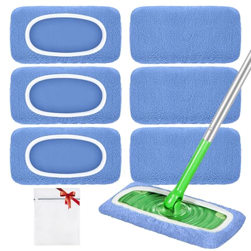 Reusable Mop Pads Compatible with Swiffer Sweeper Mop, Microfiber Dry Sweeping Cloths & Machine Washable Wet Pads Refill for Use on All Sealed Floors - Stone, Hardwood, Laminate & Tile (6 Blue) - color: Blue, size: 6 Pack