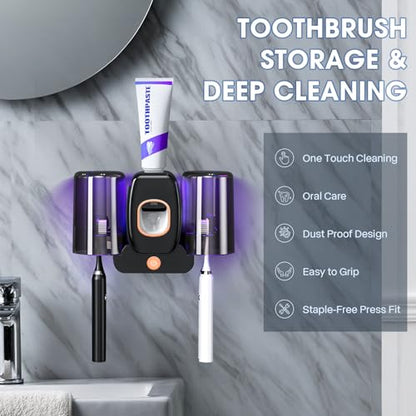 2Cups Wall-Mounted Toothbrush Sterilizer Holder with Toothpaste Dispenser - 4 Slots,3 in 1 Toothbrush Cleaner, No Drilling, USB Charging, Ideal for Family Bathroom (Black-Double Cup) - color: Black-double Cup