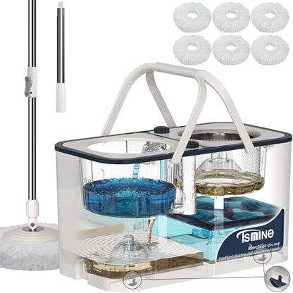 Gen 1 Large-Capacity Spin Mop and Bucket – for Big Homes & Deep Cleaning Days,4-Chamber System Separates Dirty & Clean Water, 2-GAL Heavy-Duty Design with Wheels & 6 Refill Mop Heads - White/Grey - size: White/Blue+6 Mop Heads