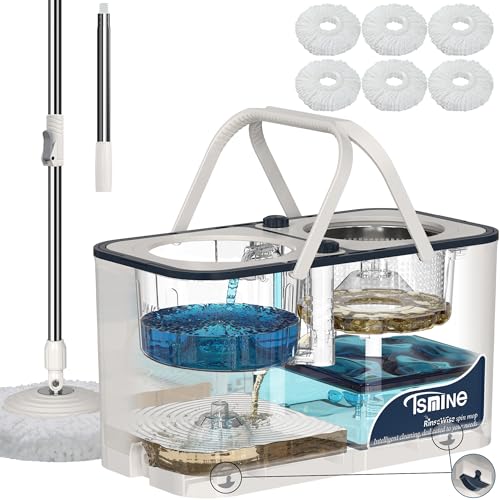 RinseWise Large Gen 1 Spin Mop and Bucket with Wringer, 2 Gal Clean Water Capacity, 4-Chamber Clean & Dirty Water Separation, 4 Swivel Wheels, 61" Handle, 6 Mop Heads for Hardwood & Tile Floors - size: Large Gen 1- White/Blue+6 Mop Heads