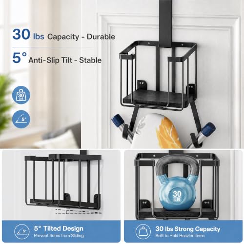 ORLESS Ironing Board Hanger Over Door & Wall Mount, Black | 2 in 1 Heavy Duty Iron Board Holder with Storage Basket, Fits T/Y Boards, Laundry Room Space Saver - color: Black Iron Black Wood