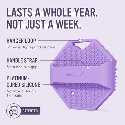 Sud Scrub® Antimicrobial Silicone Body Scrubber, Exfoliating Body Brush for Sensitive Skin, Antibacterial Shower Scrubber for Body, Bathroom Essentials for Men & Women, Purple - color: Purple