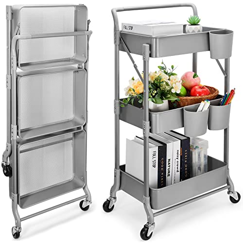 Foldable 3 Tier Metal Utility Rolling Cart, Folding Mobile Multi-Function Storage Trolley Organizer Cart for Home Library Office(Grey) - color: Gray