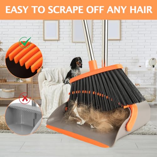 2-Pack Broom and Dustpan Set with Long Handle, Heavy Dust Broom and Dustpan Combo for Home，Kitchen, Office, Pet Hair(Gray Orange) - color: Gray Orange 2-pack