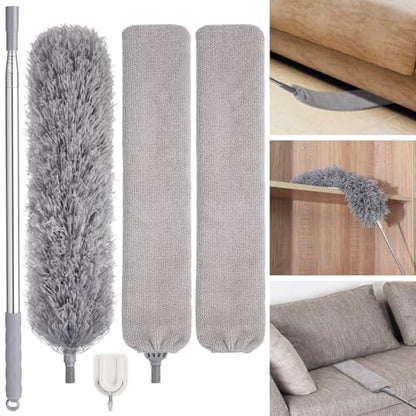 Feather Duster Set (4 Pieces), 30-100 inch Microfiber Retractable Gap Duster for Cleaning Ceilings, Furniture Refrigerators and Under Sofas | Bendable Head for Corner Cleaning, Washable Reusable Duster, Household Tool for Ceiling Furniture Under Sofa - co