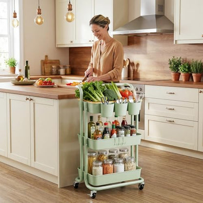 3 Tier Rolling Cart, Multifunctional Storage Cart with Table Top, Lockable Wheels, Heavy Duty Metal Frame Utility Cart for Kitchen, Bathroom, Office, Bedroom (Green) - color: Green