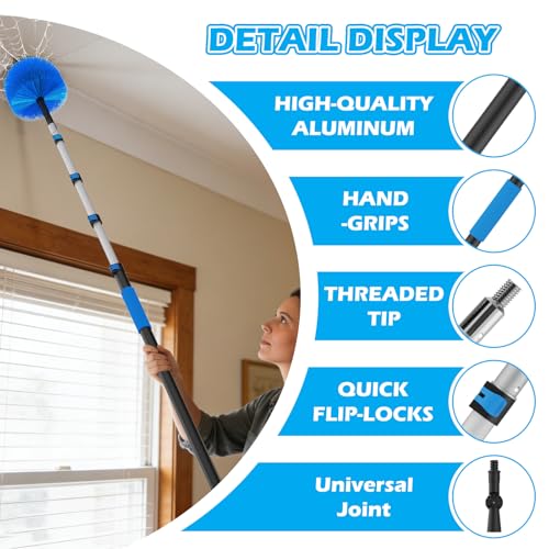 16FT Reach High Ceiling Duster Kits with 3-12FT Adjustable Pole - Includes Extra Long Duster, High Ceiling Duster, Rotatable Window Squeegee & Cobweb Duster for Ceiling Fans and Whole House Cleaning - color: Blue, size: 12FT