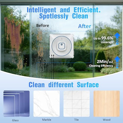 Window Cleaner Robot with 4 Cleaning Modes, 8000Pa Suction Dual Direction Auto-Spray Window Cleaner, Intelligent Path, Edge Detection, Remote Control, 15-Stage Anti-Fall System for Windows