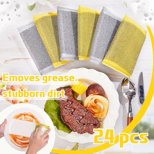 Thyle 24 Pack Steel Wool Scrubber Kitchen Sponges, Heavy Duty Non Scratch Metal Sponges, Reusable Cleaning Scrub Pads for Dishes, Pots, Pans, Sink and Tough Hard Stains (Gray,Yellow) - color: Gray, Yellow