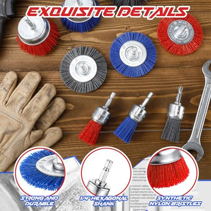 Bokon 18 Pack Nylon Filament Abrasive Wire Brush Wheel & Cup Brush Set with 1/4in Hex Shank for Cleaning Sanding Drill Scrub Brushes Attachment Remove Paint 80/120/240 Grit