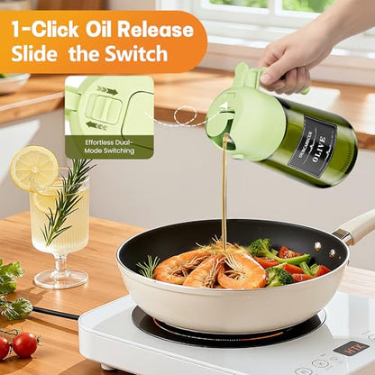 OURCABECUE 2 in 1 Olive Oil Sprayer for Cooking, 16oz/470ml Olive Oil Dispenser Bottle for Kitchen, Light-Blocking Dark Glass Oil Bottle, Food-Grade Oil Mister with 8 Oil Stickers (Green Bottle-Cap) - color: Green Bottle-Green Cap
