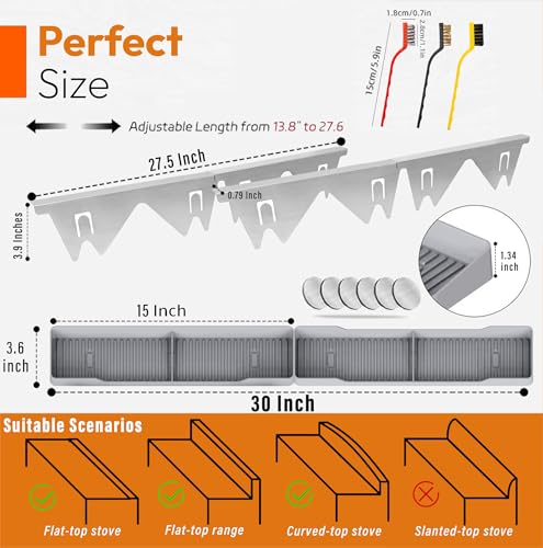 Stainless Steel Stove Gap Covers Set with Magnetic Stove Shelf,Brushes | 2-in-1 kitchen solution with adjustable gap covers and magnetic stove shelf,Brushes for organization & cleaner cooking space - color: Silver/Gray