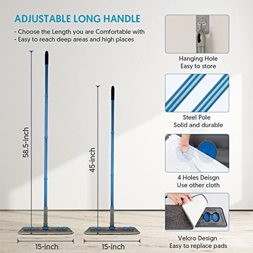 Microfibre Floor Mop for Cleaning Floors, Flat Mop for Laminate Wooden Vinyl Tile, Dust Wet Dry Use for Kitchen Bathroom Wall Cleaning with 3 Washable Chenille Pads