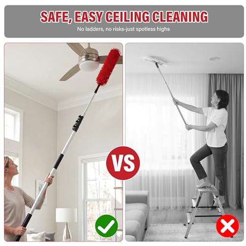 8 FT Cobweb Duster with Extension Pole, 12 FT High Reach Ceiling Fan Cleaner Duster for Home, 2.6-8 FT Extendable Pole with 3 Pcs Dusting Tools, Cubweb Duster, Feather Dusters, Ceiling Fan Duster - size: 8 FT