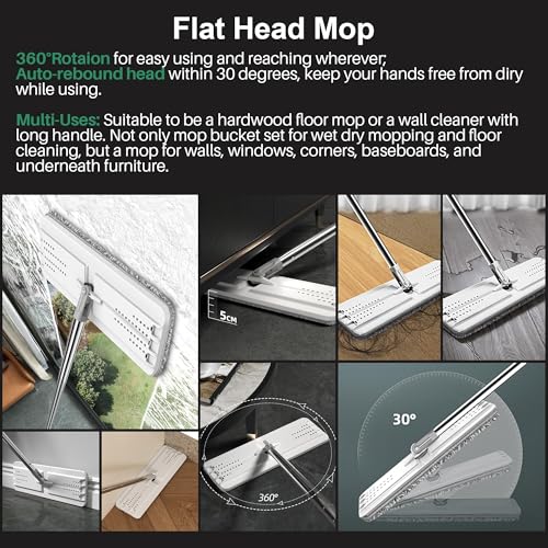 JOYMOOP Flat Mop System, Microfiber Mop and Bucket Set, White, Household & Commercial Floor Cleaning Mop with Long Handle, Wet & Dry Cleaning for Hardwood Floors, Includes 5 Pads - color: White Standard245