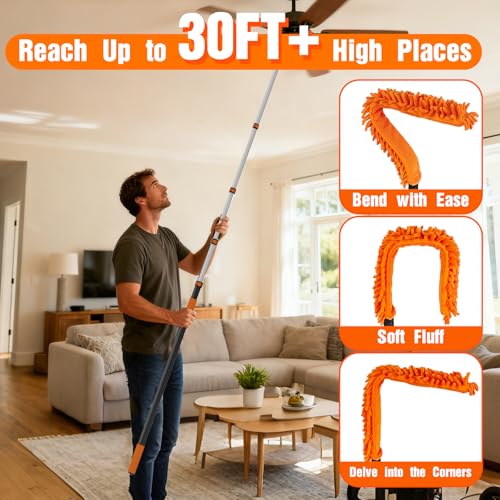 SISIUPASSIE 36FT Reach Ceiling Fan Cleaner Duster, Ceiling Fan Blade Cleaner with Extension Pole, Washable & Replaceable Microfiber Feather Duster Kits - size: 30FT