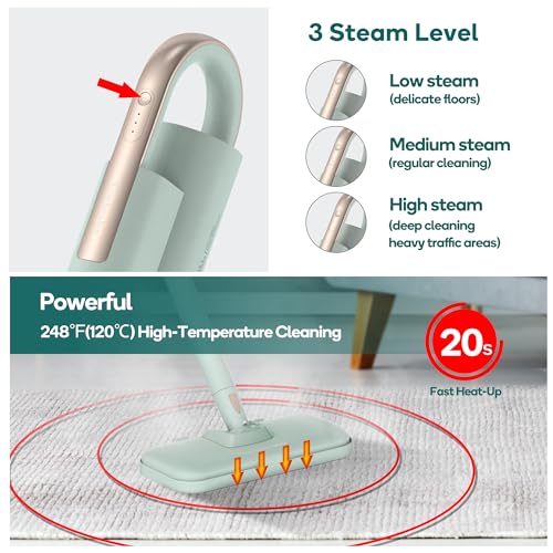 Newbealer Steam Mop & Detachable Handheld Cleaner, 1200W Floor Steamer | 3 Adjustable Levels for Carpet Laminate Hardwood Grout, Carpet Glider, 11 Multi-purpose Accessories & 2 Pads, 250ml Tank - color: Green with 11 brushes