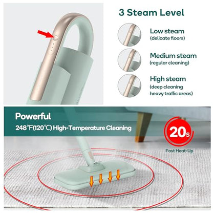 Newbealer Steam Mop & Detachable Handheld Cleaner, 1200W Floor Steamer | 3 Adjustable Levels for Carpet Laminate Hardwood Grout, Carpet Glider, 11 Multi-purpose Accessories & 2 Pads, 250ml Tank - color: Green with 11 brushes
