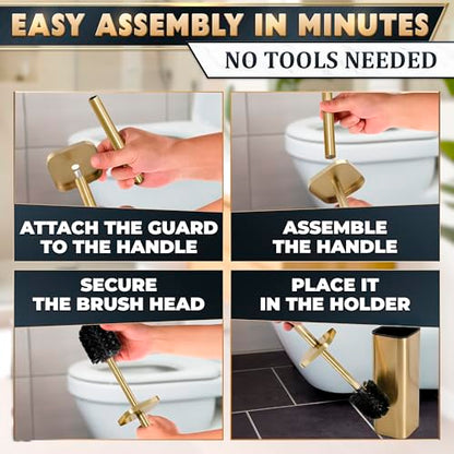 Gold Toilet Brush with Square Holder - Toilet Brush and Holder Set Gold, Stainless Steel Handle with Splash Shield, Replaceable Head and Removable Inner Cup - Freestanding Bathroom Toilet Cleaning Set - color: Gold Rounded Square