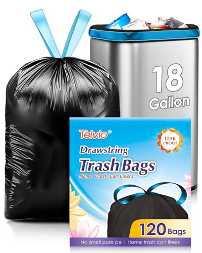 18 Gallon 120 Counts Strong Drawstring Trash Bags Garbage Bags by Teivio, Bathroom Trash Can Bin Liners, Plastic Bags for home office kitchen, Black - style: 120-18Gallon-Black