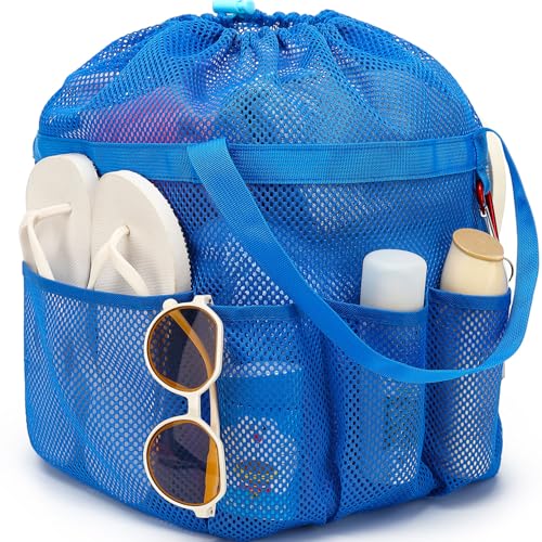 Fammart Mesh Shower Caddy Portable with Drawstring, Dorm Room Essentials for College Girls Guys, 8-Pocket Extra Large Shower Bag Basket Tote for Camping Beach Gym Travel Toiletry Bathroom - color: Extra Large, Drawstring Closure - Blue