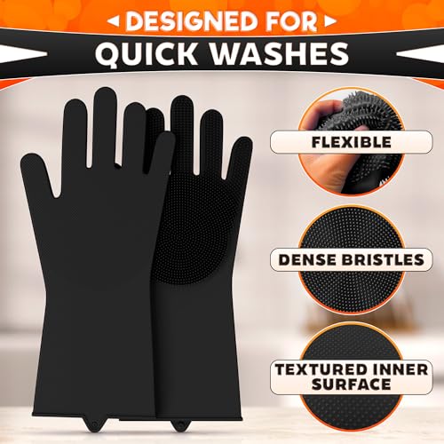 ALPENKOK Silicone Dishwashing Gloves with Scrubber – Non-Slip Silicone Gloves for Washing Dishes | Household Use - color: Black