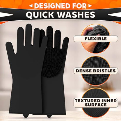 ALPENKOK Silicone Dishwashing Gloves with Scrubber – Non-Slip Silicone Gloves for Washing Dishes | Household Use - color: Black