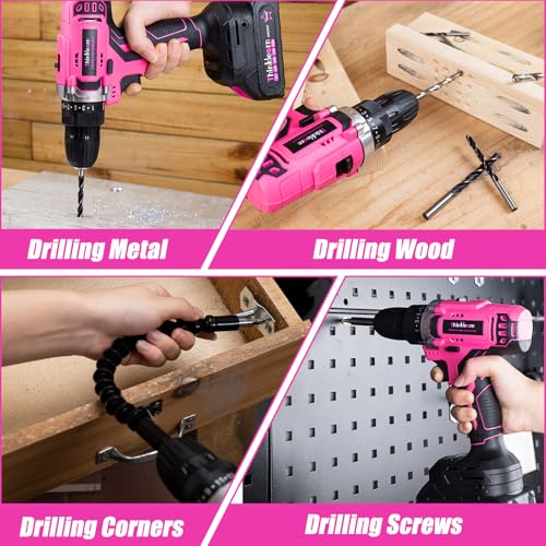 20V Pink Cordless Drill Set - Power Drill/Driver Kit with Drill Brush, Bit Set, 3/8" Keyless Chuck, 2 Variable Speed, 25+1 Torque Setting, Battery and Charger Included, Electric Drill for Home
