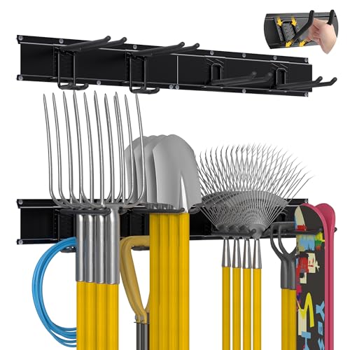 Garage Tool Organizer Wall Mount with 32 inches Rails and Adjustable Heavy-Duty Hooks, Garden Tool Organizer, Carries 300 lbs, Heavy Duty Garage Storage Rack For Yard, Shed, Workshop, Easy to Install - size: 32 inch with 2 Panels & 4 Hooks