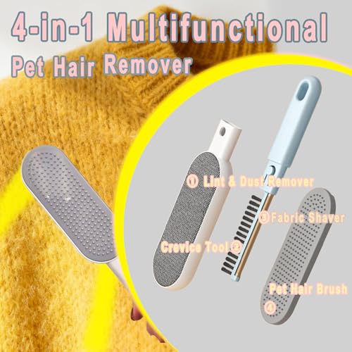 VrythosNex 4-in-1 Pet Hair Remover, Wool Hair Remover for Couch, Car, Furniture, Carpet Rake - Portable Dog Cat Fur Hair Removal Tool with Lint Brush, Fabric Shaver, Crevice Tool (Blue) - color: Blue