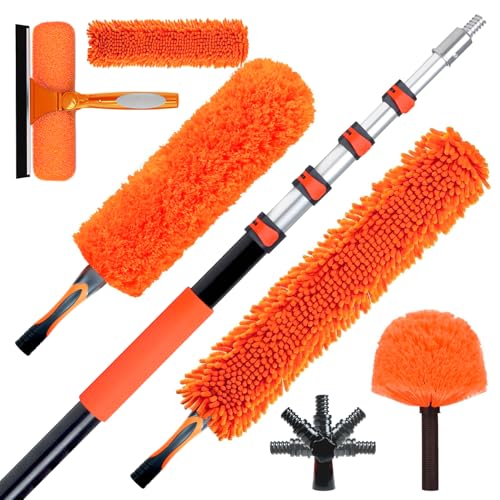 26FT High Reach Duster Cleaning Kit with 5-20 FTExtension Pole, High Ceiling Fan Cleaner Duster Tool for Fan Blades, Extendable Reusable Cobweb, Feather, Window Cleaning Squeegee Kit(20FT) - size: 20FT