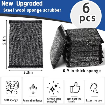 Kitchen Sponges for Dishes - Steel Wool Scrubber Sponges for Kitchen Heavy Duty Non-Scratch Scrubbing Cleaner (6 Pack) - color: Black