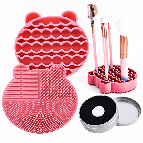 Silicon Makeup Brush Cleaner Mat with Brush Drying manual Make up brush cleaner cleanser machine Cosmetic Brush Cleaning Pad+Makeup Brush Dry Cleaned Quick Color Removal Sponge Scrubber Tool(Pink) - color: Pink