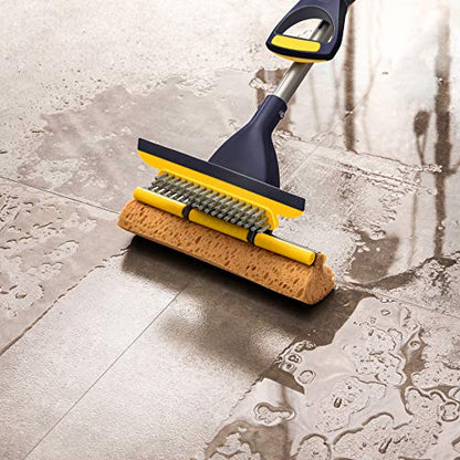 Yocada Sponge Mop Home Commercial Use Tile Floor Bathroom Garage Cleaning with Squeegee and Extendable Telescopic Long Handle 42-52 Inches Easily Dry Wringing - color: Sponge Mop