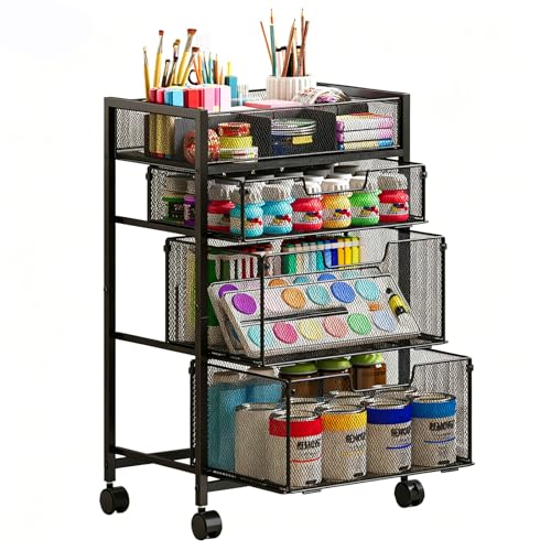 4-Tier Rolling Utility Cart with 3 Drawers, Craft Organizer and Storage with DIY Divider, Art-Craft Supplies with Caster Wheels, Multi-Functional Storage For Classroom, Office, Paints, Artifacts - color: Black, size: 3 Drawers-27.2“H