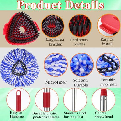 RinseClean Spin Mop Replacement Head for O Cedar RinseClean 2 Tank System, 2 Microfiber Mop Refills, 1 Base and 1 30-58in Handle, Scrubber Brush for Ocedar, Mop Refills Deep Cleaning Machine Washable