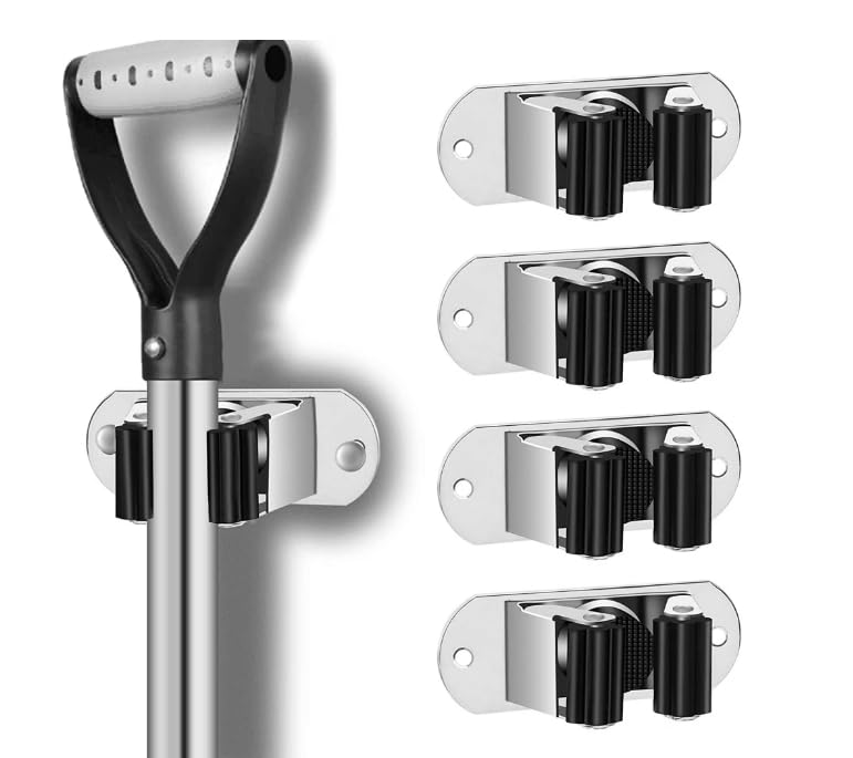 Mop and Broom Holder Wall Mount Heavy Duty Stainless Steel Wall Mounted Broom Organizer Laundry Room Home Garden Garage Storage and Organization Rack (4Pcs Silver)