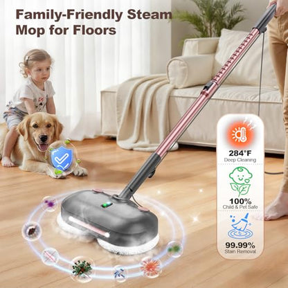 F6 Steam Mop Electric Rotating Steam Mop Head Pink, Large Tank, 23FT Cord, LED Headlights