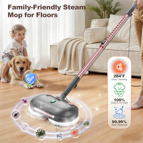 Scrubbing Steam Mop with Rotating Pads,All-in-One Spin Steam Cleaner for Floor Cleaning,Large Tank,23FT Cord, LED Headlights,Reusable Pads & Self-Standing,Safe for Hard Floor/Laminate/Marble