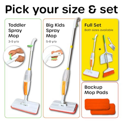 Quiggly Toddler Toy Cleaning Set - Spray Mop, Broom, Dustpan, for Kids 3-5 | Plus brush, two-hand hold & pull, Montessori cleaning 4-piece tool kit - size: Toddler, style: Cleaning Set