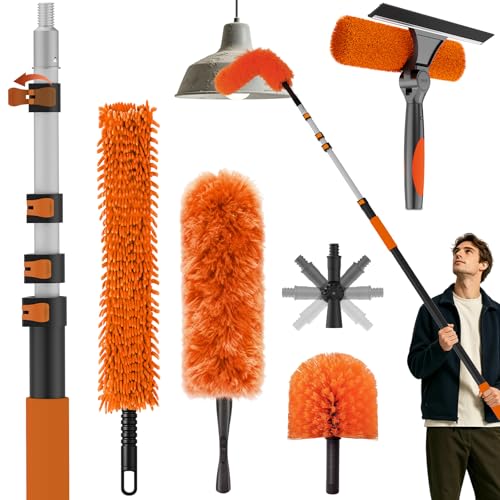 16FT Reach High Ceiling Duster Kits with 3-12FT Adjustable Pole - Includes Extra Long Duster, High Ceiling Duster, Rotatable Window Squeegee & Cobweb Duster for Ceiling Fans and Whole House Cleaning - color: Orange, size: 12FT